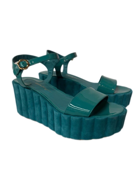 Salvatore Ferragamo Shoes - Salvatore Ferragamo Teal Patent Platform Sandals with Gold Buckle